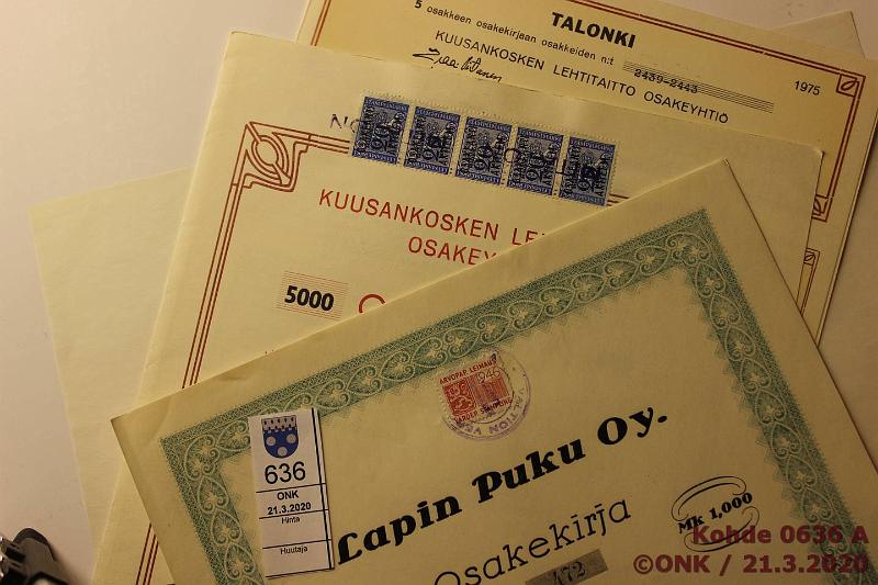 k-0636-a.jpg - Kohde 636 (kuva 1/2), lhthinta: 5 € / myyntihinta: 12 € Osakekirjoja (6) 1940-60 -luvut Kuusankosken lehtitaitto OY 1962; Kotilainen OY sarja C; Jrvenkyln tehtaat OY 1943; Lapin Puku OY 1941; Pargas Sg 10 000 ja 20 000mk 196_, kunto: 7-9