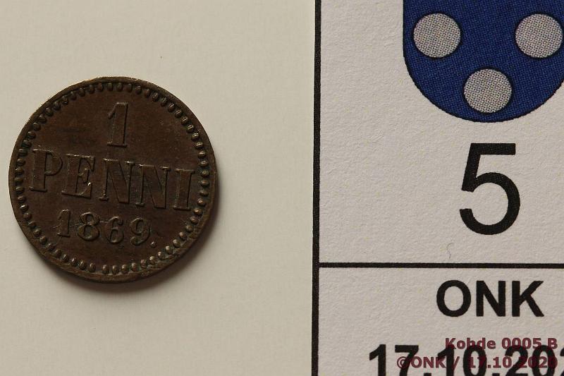 k-0005-b.jpg - Kohde 5 (kuva 2/2), l�ht�hinta: 45 &euro; / ei tarjouksia 1 p 1869 SNY 5.1, kaunis suklaanruskea patina!, kunto: 7