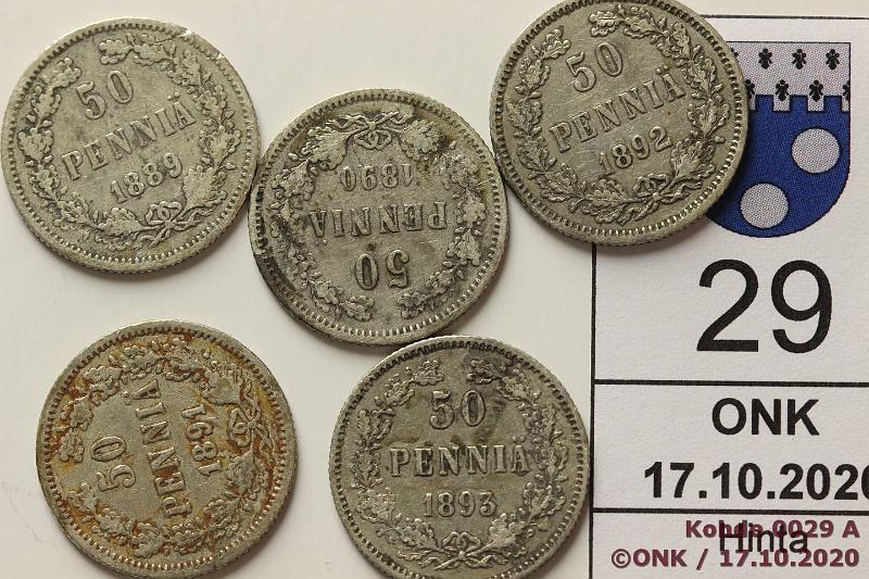 k-0029-a.jpg - Kohde 29, l�ht�hinta: 5 &euro; / myyntihinta: 5 &euro; 50 p 1889-93 (5) Ag, 1889, -90, -91, -92, -93, osassa likaa, kunto: 3-4