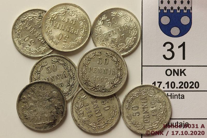 k-0031-a.jpg - Kohde 31, l�ht�hinta: 5 &euro; / myyntihinta: 7 &euro; 50 p 1907-17 (8) Ag, 1907, -08, -11, -14, -15, -16, -17 I+II, osassa likaa, kunto: 4-8