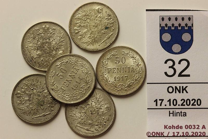 k-0032-a.jpg - Kohde 32, l�ht�hinta: 5 &euro; / myyntihinta: 8 &euro; 50 p 1911-17 (6) Ag, 1911, -14, -15, -16, 17 I+II. Phpja, kunto: 7-9