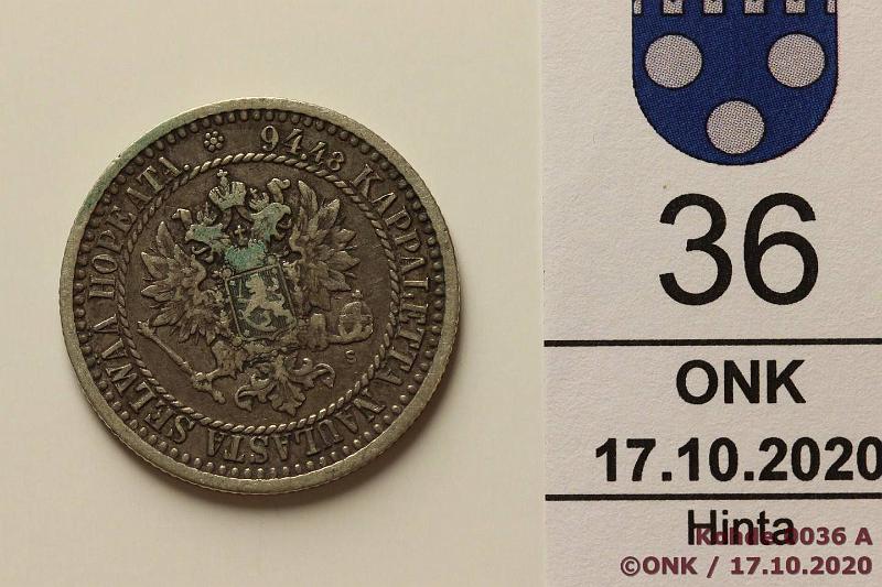 k-0036-a.jpg - Kohde 36 (kuva 1/2), lhthinta: 7 € / myyntihinta: 7 € 1 mk 1866 Ag, SNY 399.2.1, kunto: 4