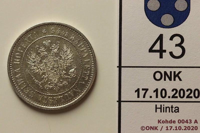 k-0043-a.jpg - Kohde 43 (kuva 1/2), lhthinta: 30 € / myyntihinta: 32 € 1 mk 1874 Ag, hnja, kaunis!, kunto: 7