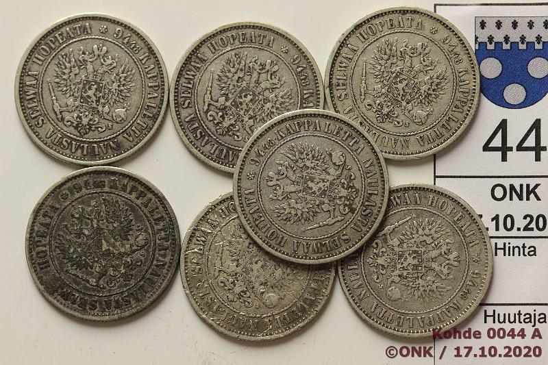 k-0044-a.jpg - Kohde 44 (kuva 1/2), lhthinta: 30 € / ei tarjouksia 1 mk 1874 (7) Ag, yksi naarmutettu kl2, muut ehjreunaisia kl 3-4, kunto: 2, 3-4