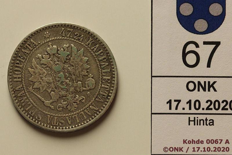 k-0067-a.jpg - Kohde 67 (kuva 1/2), lhthinta: 10 € / myyntihinta: 10 € 2 mk 1865 Ag, SNY 493.2, ei palloja, kansiohometta, kunto: 4