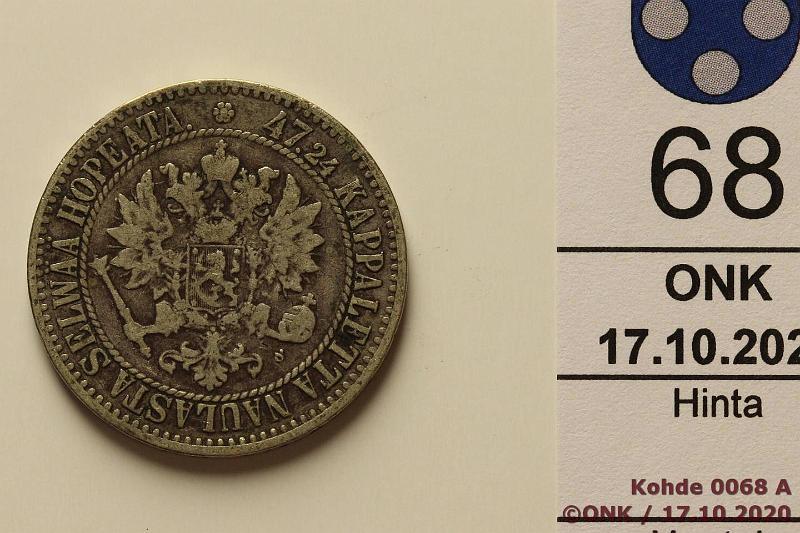 k-0068-a.jpg - Kohde 68 (kuva 1/2), lhthinta: 12 € / ei tarjouksia 2 mk 1865 Ag, SNY 493.2, ei palloja, kunto: 4