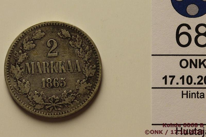 k-0068-b.jpg - Kohde 68 (kuva 2/2), lhthinta: 12 € / ei tarjouksia 2 mk 1865 Ag, SNY 493.2, ei palloja, kunto: 4