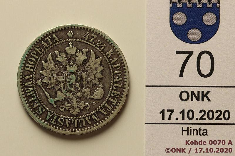 k-0070-a.jpg - Kohde 70 (kuva 1/2), lhthinta: 12 € / myyntihinta: 12 € 2 mk 1866 Ag, SNY 494.1 (6/5), kansiohometta, kunto: 4