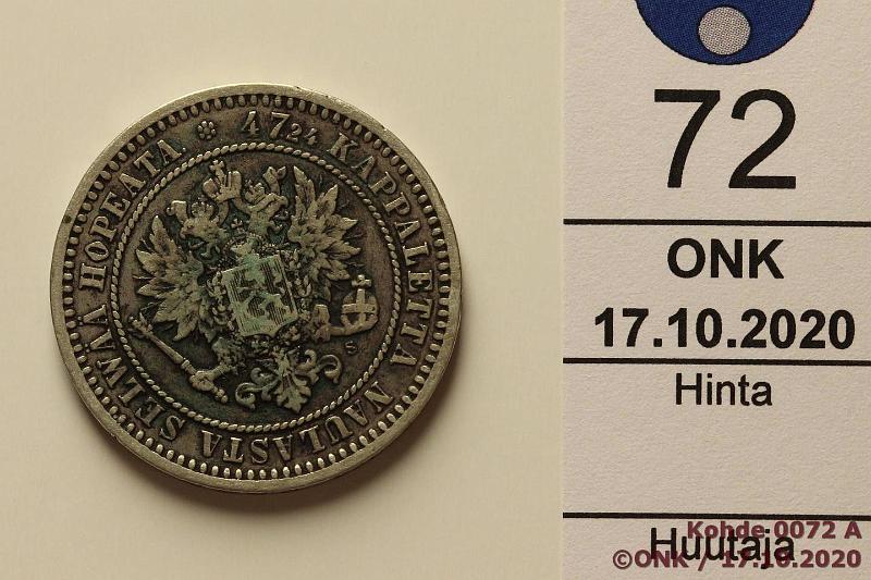 k-0072-a.jpg - Kohde 72 (kuva 1/2), lhthinta: 10 € / myyntihinta: 10 € 2 mk 1870 Ag, kunto: 4