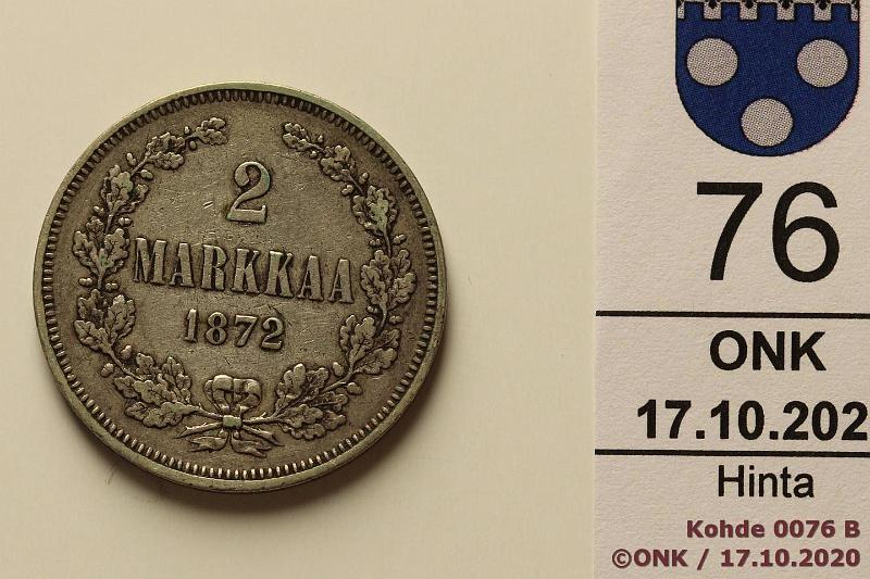k-0076-b.jpg - Kohde 76 (kuva 2/2), l�ht�hinta: 12 &euro; / ei tarjouksia 2 mk 1872 Ag, kansiohometta, kunto: 5/4