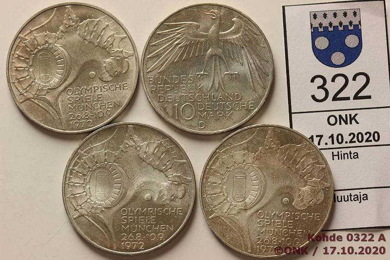 k-0322-a.jpg - Kohde 322, lhthinta: 10 € / myyntihinta: 19 € Saksa 10 dm (4) 1972 KM#133 Ag, 4 x 15,5g/625, Mnchen, rahapajat D, F, G, J, hieman patinaa, kunto: 8