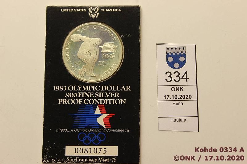 k-0334-a.jpg - Kohde 334, l�ht�hinta: 10 &euro; / myyntihinta: 14 &euro; USA 1 $ 1983S KM#209 Ag, Proof, 26,73g/900, Los Angeles 1984, kortti, hieman patinaa, kunto: 10
