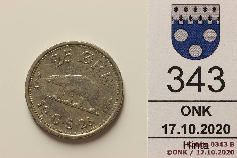 k-0343-b.jpg - Kohde 343 (kuva 2/2), l�ht�hinta: 5 &euro; / myyntihinta: 13 &euro; 25 � 1926 KM#5 CuNi, kunto: 6