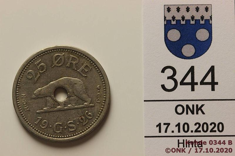 k-0344-b.jpg - Kohde 344 (kuva 2/2), l�ht�hinta: 10 &euro; / myyntihinta: 13 &euro; 25 � 1926 KM#6 CuNi, rei�ll�, kunto: 5