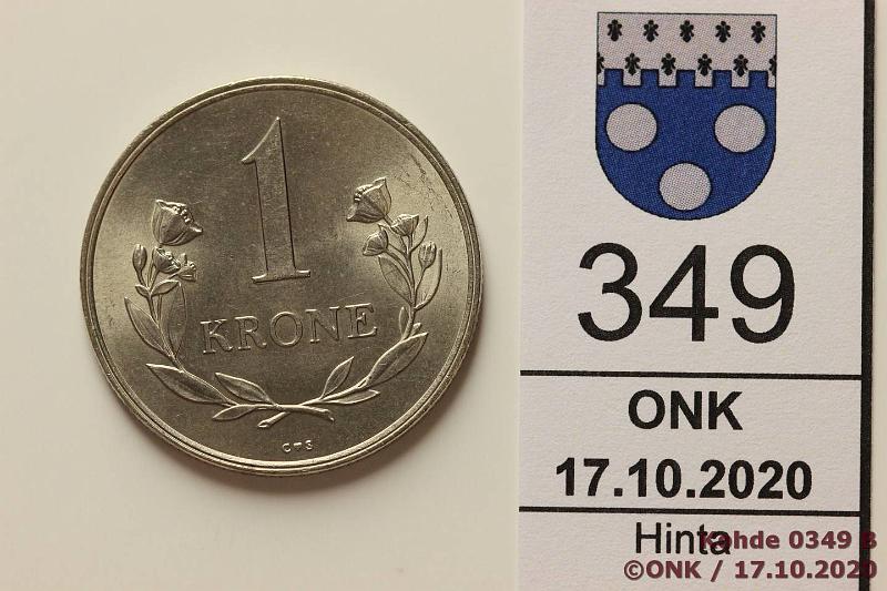 k-0349-b.jpg - Kohde 349 (kuva 2/2), l�ht�hinta: 10 &euro; / myyntihinta: 17 &euro; 1 kr 1964 KM#10a CuNi, kunto: 9