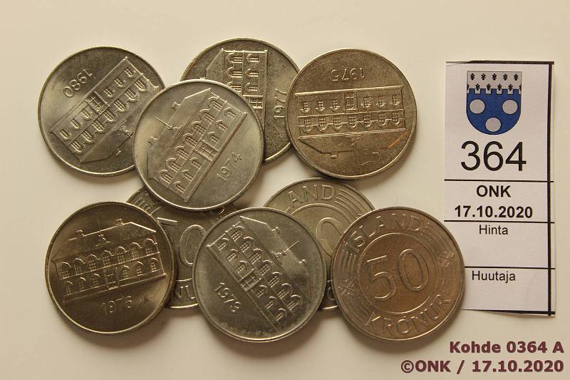 k-0364-a.jpg - Kohde 364, lhthinta: 5 € / myyntihinta: 7 € 50 kr (9) 1968-80 KM#16, 19 CuNi, 1968 Sovereignty; 1970, -71, -73-77, -80, kunto: 8-9