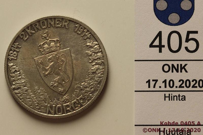 k-0405-a.jpg - Kohde 405 (kuva 1/2), l�ht�hinta: 25 &euro; / myyntihinta: 38 &euro; 2 kr 1914 KM#377 Ag, 15g/800, Constitution, hieman patinaa., kunto: 8