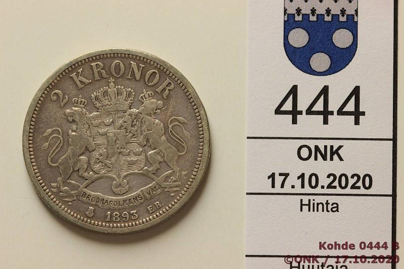 k-0444-b.jpg - Kohde 444 (kuva 2/2), lhthinta: 10 € / myyntihinta: 14 € 2 kr 1893 KM#761 Ag, 15g/800, kunto: 4