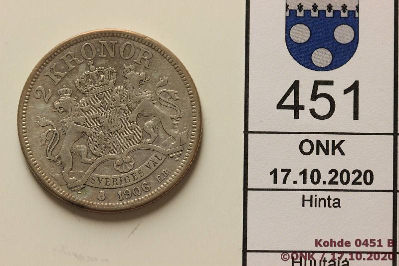 k-0451-b.jpg - Kohde 451 (kuva 2/2), lhthinta: 10 € / myyntihinta: 15 € 2 kr 1906 KM#773 Ag, 15g/800, kunto: 4