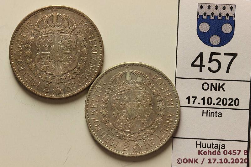 k-0457-b.jpg - Kohde 457 (kuva 2/2), lhthinta: 10 € / myyntihinta: 14 € 2 kr (2) 1915, -22 KM#787 Ag, 2 x 15g/800, kunto: 5