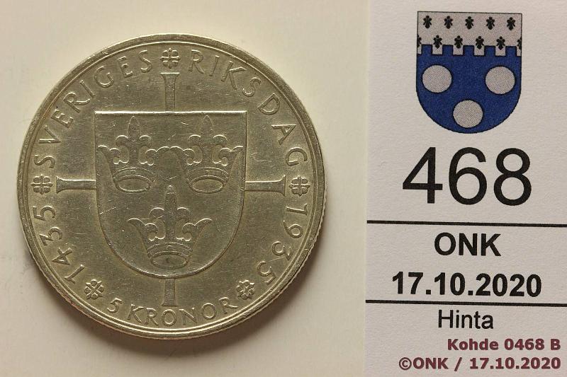 k-0468-b.jpg - Kohde 468 (kuva 2/2), lhthinta: 5 € / myyntihinta: 12 € 5 kr 1935 KM#806 Ag, 25,1g/900, Riksdag, hnja, kunto: 7