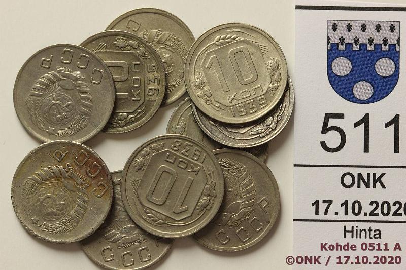 k-0511-a.jpg - Kohde 511, lhthinta: 5 € / myyntihinta: 19 € 10 kop (10) 1935-46 Y#102, 109 CuNi, 1935, -36; 1937, -38, -39, -40, -41, -43, -45(prvja), -46, kunto: 5-7