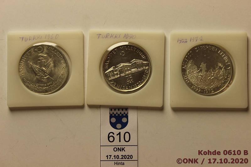 k-0610-b.jpg - Kohde 610 (kuva 2/2), lhthinta: 15 € / myyntihinta: 20 € Turkki 10+25+50 lira ND(1960), ND(1970), ND(1972) KM#894,897,901 Ag, 15g/830, Vallankumous; 14,6g/830, Proof, Turkin yhdistminen; 20,1g/830, Proof, Atatrk, kunto: 8, 9, 9