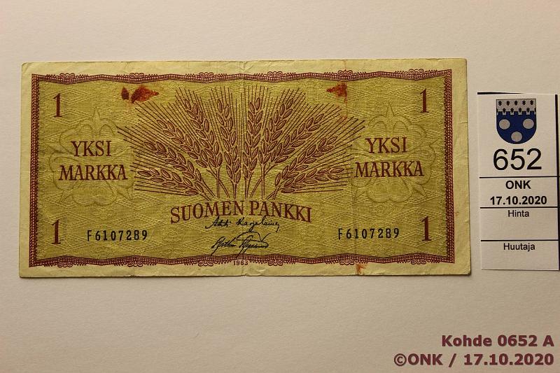 k-0652-a.jpg - Kohde 652, lhthinta: 5 € / myyntihinta: 5 € 1 mk 1963 SNY 114.1 F6107289 KA I-AAs, vritahroja, kunto: 3