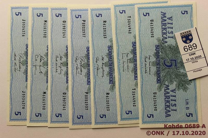 k-0689-a.jpg - Kohde 689 (kuva 1/2), lhthinta: 16 € / myyntihinta: 16 € 5 mk 1963 LB (11) SNY 135.5 sarjat J, M, O, P, R, T, U, V, X, Y, , kunto: 7-9