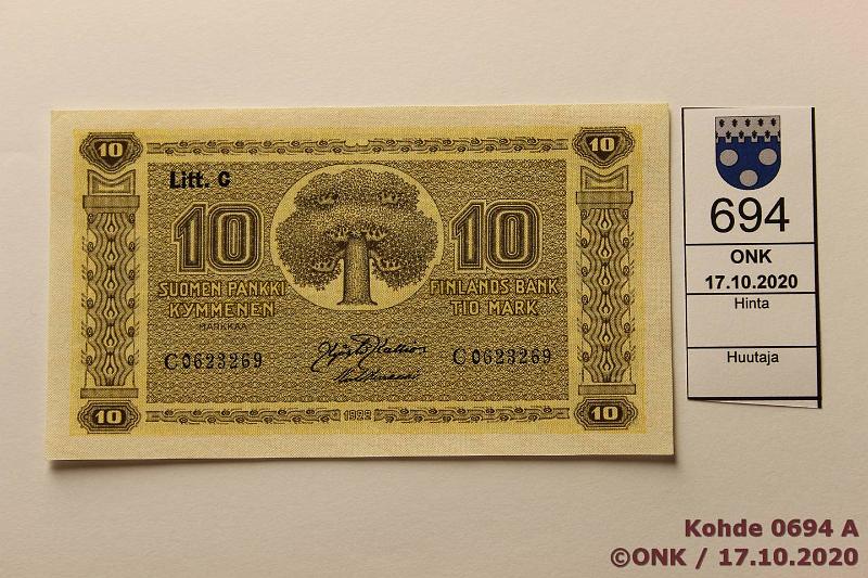 k-0694-a.jpg - Kohde 694, lhthinta: 40 € / myyntihinta: 60 € 10 mk 1922 LC SNY 143.4 C0623269 KAL-Kiv, perkk., 1mm nurkkataitos, harv ak-pari (v), Kysti Kallion perikunnan viimeiset, kunto: 9