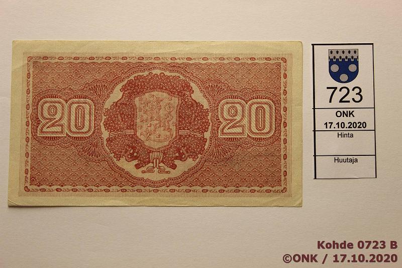 k-0723-b.jpg - Kohde 723 (kuva 2/2), lhthinta: 400 € / myyntihinta: 660 € 20 mk 1922 LB SNY 158.3 B0373008 HEU-OAs, kova paperi, kunto: 5