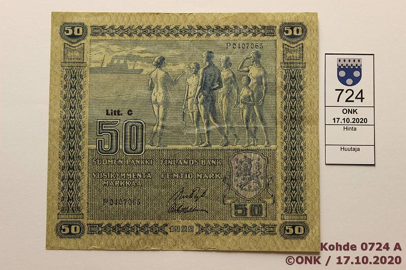 k-0724-a.jpg - Kohde 724 (kuva 1/2), lhthinta: 30 € / myyntihinta: 60 € 50 mk 1922 LC SNY 167.4 P0407065 RYT-Wah, kunto: 5