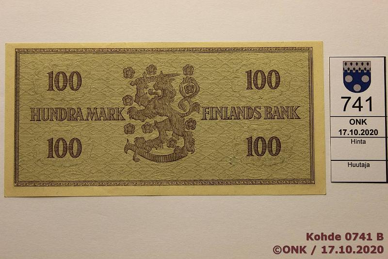 k-0741-b.jpg - Kohde 741 (kuva 2/2), lhthinta: 50 € / myyntihinta: 50 € 100 mk 1955 A* SNY 181.2 A0209750 FIE-AAs, korvaava, kunto: 7