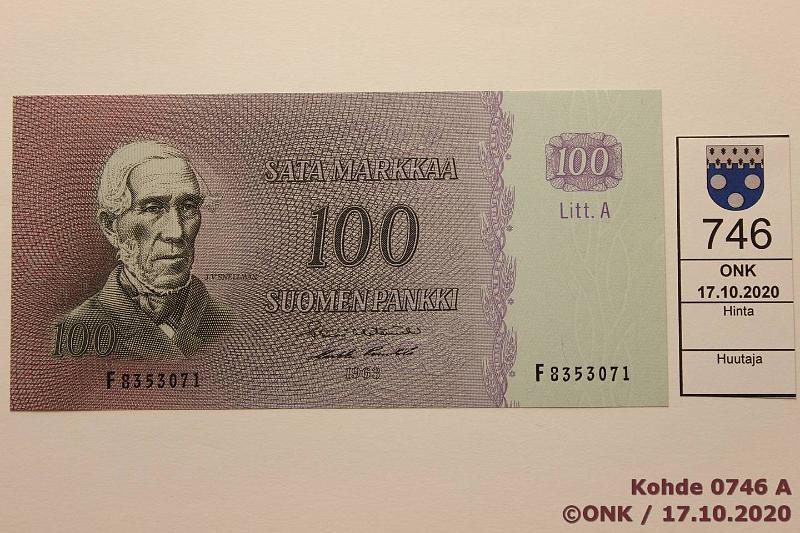 k-0746-a.jpg - Kohde 746, lhthinta: 40 € / myyntihinta: 40 € 100 mk 1963 LA SNY 183.3 F8353071 HET-Pu1, kunto: 9
