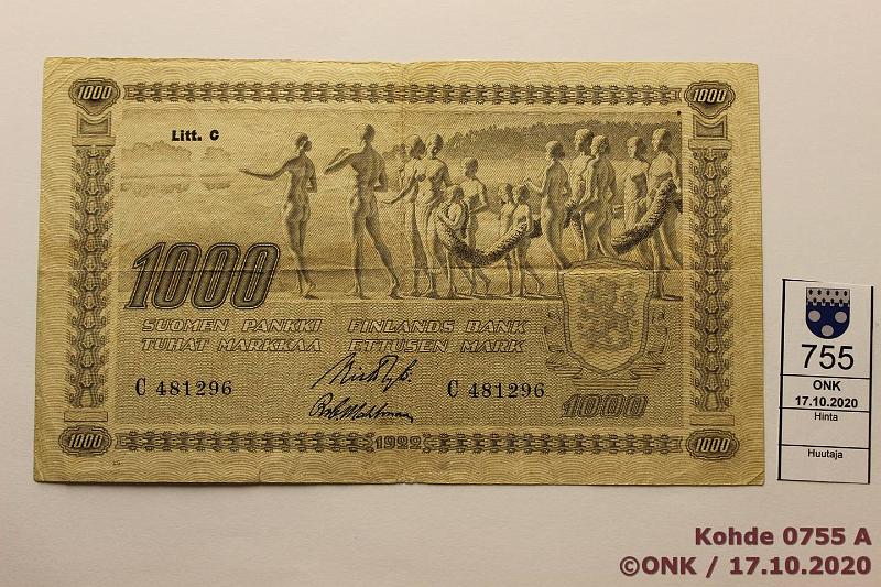 k-0755-a.jpg - Kohde 755 (kuva 1/2), lhthinta: 50 € / myyntihinta: 50 € 1000 mk 1922 LC tI SNY 197.4 C481296 RYT-Wah, pkeskireik, eprep, kunto: 4