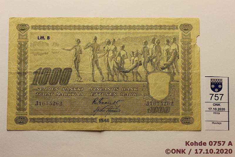 k-0757-a.jpg - Kohde 757 (kuva 1/2), lhthinta: 30 € / myyntihinta: 44 € 1000 mk 1945 LB SNY 199.3 J1655262 FIE-AAs, pieni puutos oik reunassa, kunto: 4