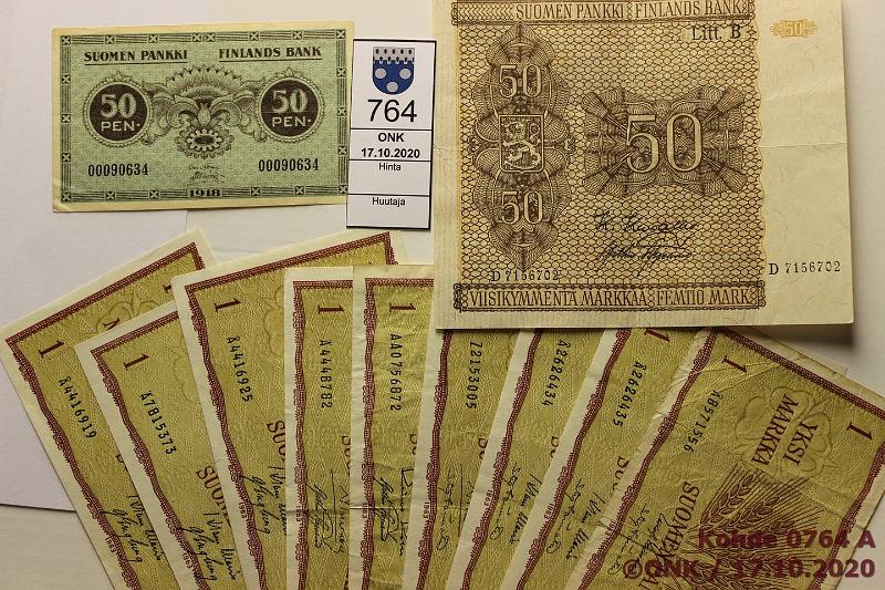 k-0764-a.jpg - Kohde 764, lhthinta: 10 € / myyntihinta: 11 € 50 p - 50 mk (12) 1918-63 50p 1918; 1mk 1963(10); 50mk 1945 LB D..KIV-AAs(kl5), kunto: 3-7