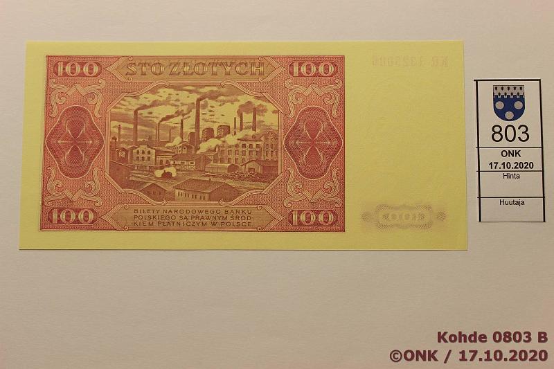 k-0803-b.jpg - Kohde 803 (kuva 2/2), lhthinta: 25 € / myyntihinta: 25 € Puola 100 zloty 1948 P#139a KR 1325006, kunto: 9