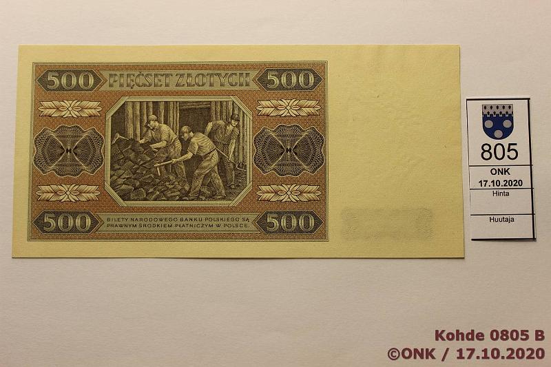k-0805-b.jpg - Kohde 805 (kuva 2/2), lhthinta: 125 € / myyntihinta: 125 € Puola 500 zloty 1948 P#140 AE 9152396 (Ex Milczak), kunto: 9