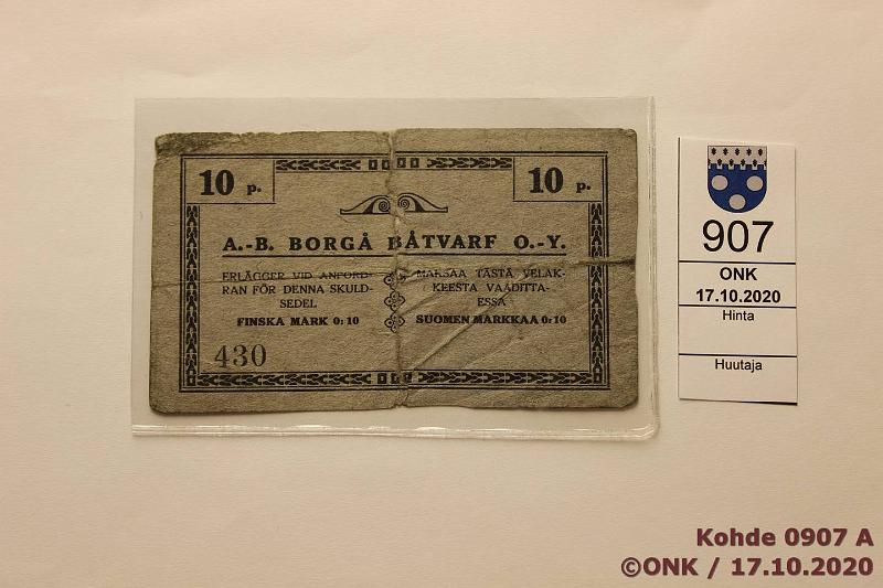 k-0907-a.jpg - Kohde 907 (kuva 1/2), lhthinta: 320 € / myyntihinta: 320 € 10 p 1888 Pasanen#79a A.-B. Borg Botvarf O.-Y. N:o 430. Ollut poikki, teippikorjaus. Erittin harvinainen!, kunto: 2