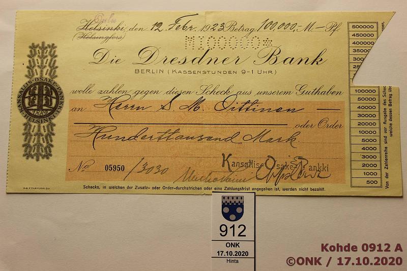 k-0912-a.jpg - Kohde 912, l�ht�hinta: 5 &euro; / ei tarjouksia Sekki 1923 KOP, Die Dresdner Bankille 100 000mk, kunto: 7