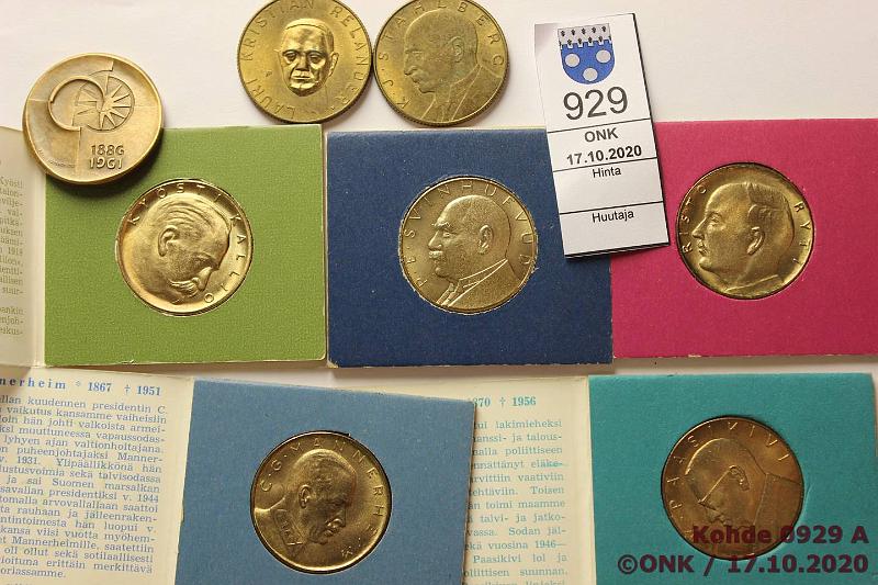 k-0929-a.jpg - Kohde 929, l�ht�hinta: 5 &euro; / myyntihinta: 5 &euro; SP + PSP -er� (8) S��st�pankkimitalit Ilmajoen SP-kotelossa: Svinhufvud, Kallio, Mannerheim, Paasikivi; Sein�joen Sp-kotelo: Ryti. Ilman koteloa St�hlberg ja Relander. PSP-mitali 1961 R�s�nen, kunto: 7-9
