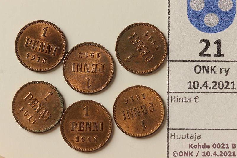 k-0021-b.jpg - Kohde 21 (kuva 2/2), lhthinta: 5 € / myyntihinta: 5 € 1 p 1911-16 (6) 1911(2), -12, -15, -16(2), kaikissa hyvin leimakiiltoa nkyviss, kunto: 7-9
