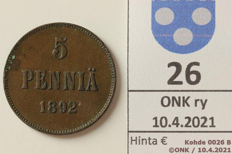 k-0026-b.jpg - Kohde 26 (kuva 2/2), l�ht�hinta: 10 &euro; / myyntihinta: 10 &euro; 5 p 1892 Eprv, kunto: 5