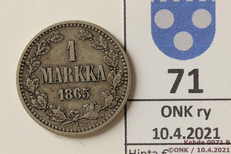 k-0071-b.jpg - Kohde 71 (kuva 2/2), lhthinta: 5 € / myyntihinta: 6 € 1 mk 1865 Ag, SNY 398.2.1, kunto: 5