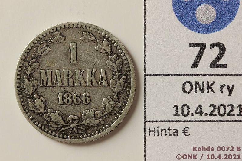 k-0072-b.jpg - Kohde 72 (kuva 2/2), lhthinta: 5 € / myyntihinta: 170 € 1 mk 1866 Ag, SNY ?, lehviss vli, 88/87 reunapistett, rosolehvt, kunto: 3/4