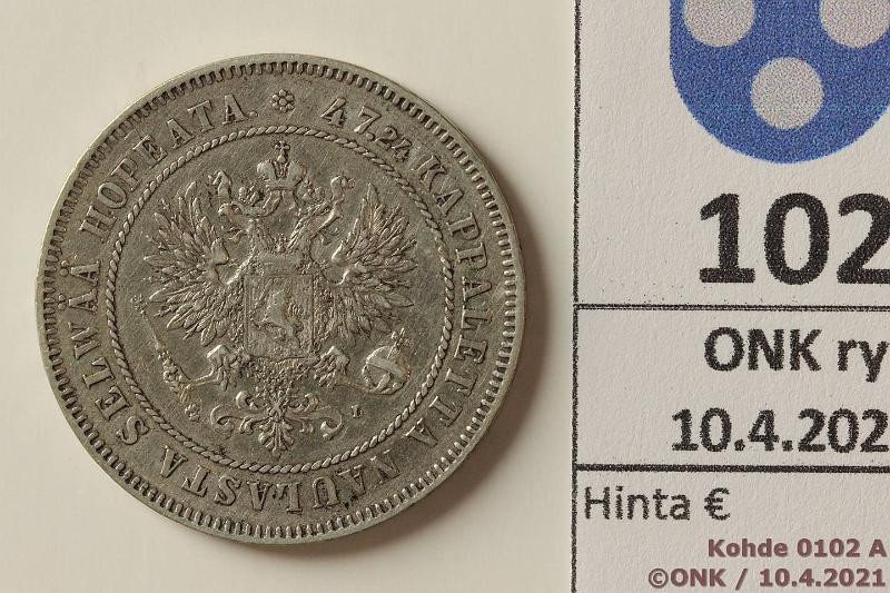 k-0102-a.jpg - Kohde 102 (kuva 1/2), l�ht�hinta: 10 &euro; / myyntihinta: 16 &euro; 2 mk 1907 Ag, kunto: 6