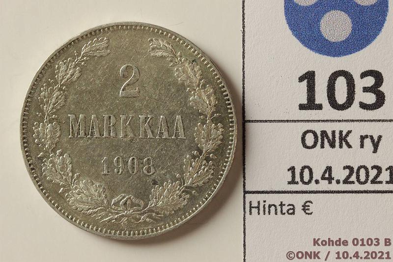 k-0103-b.jpg - Kohde 103 (kuva 2/2), l�ht�hinta: 10 &euro; / myyntihinta: 16 &euro; 2 mk 1908 Ag, hnja, eprv, kunto: 7