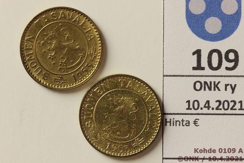 k-0109-a.jpg - Kohde 109 (kuva 1/2), lhthinta: 5 € / ei tarjouksia 10 mk 1953 (2) AlBr, SNY 587.1 ja 2, kunto: 9, 7