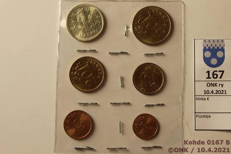 k-0167-b.jpg - Kohde 167 (kuva 2/2), lhthinta: 5 € / myyntihinta: 5 € 1967 Leimakiiltoinen sarja irtorahoja 1, 5, 10, 20, 50p ja 1mk Ag, kunto: 9